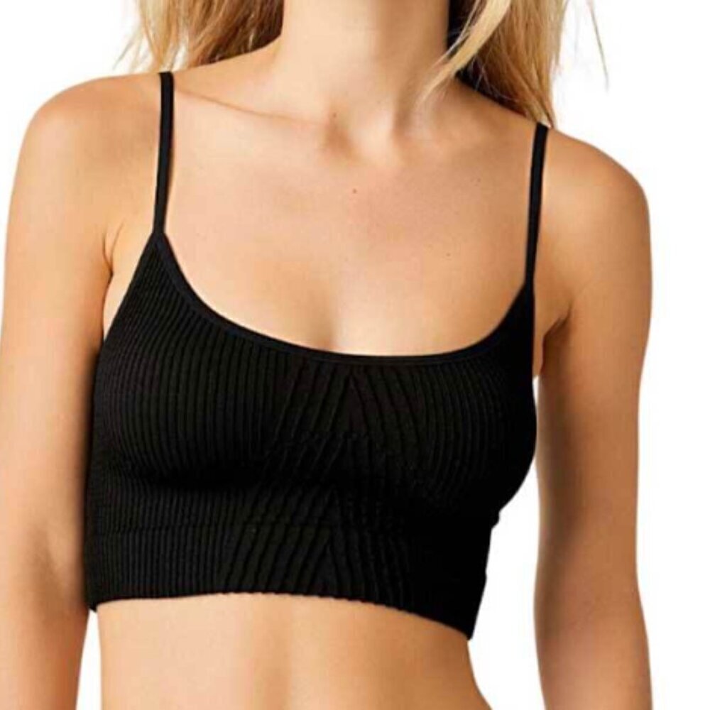Free People Kick Back Ribbed Seamless Cami Bra Bralette, Black, Size XS/S